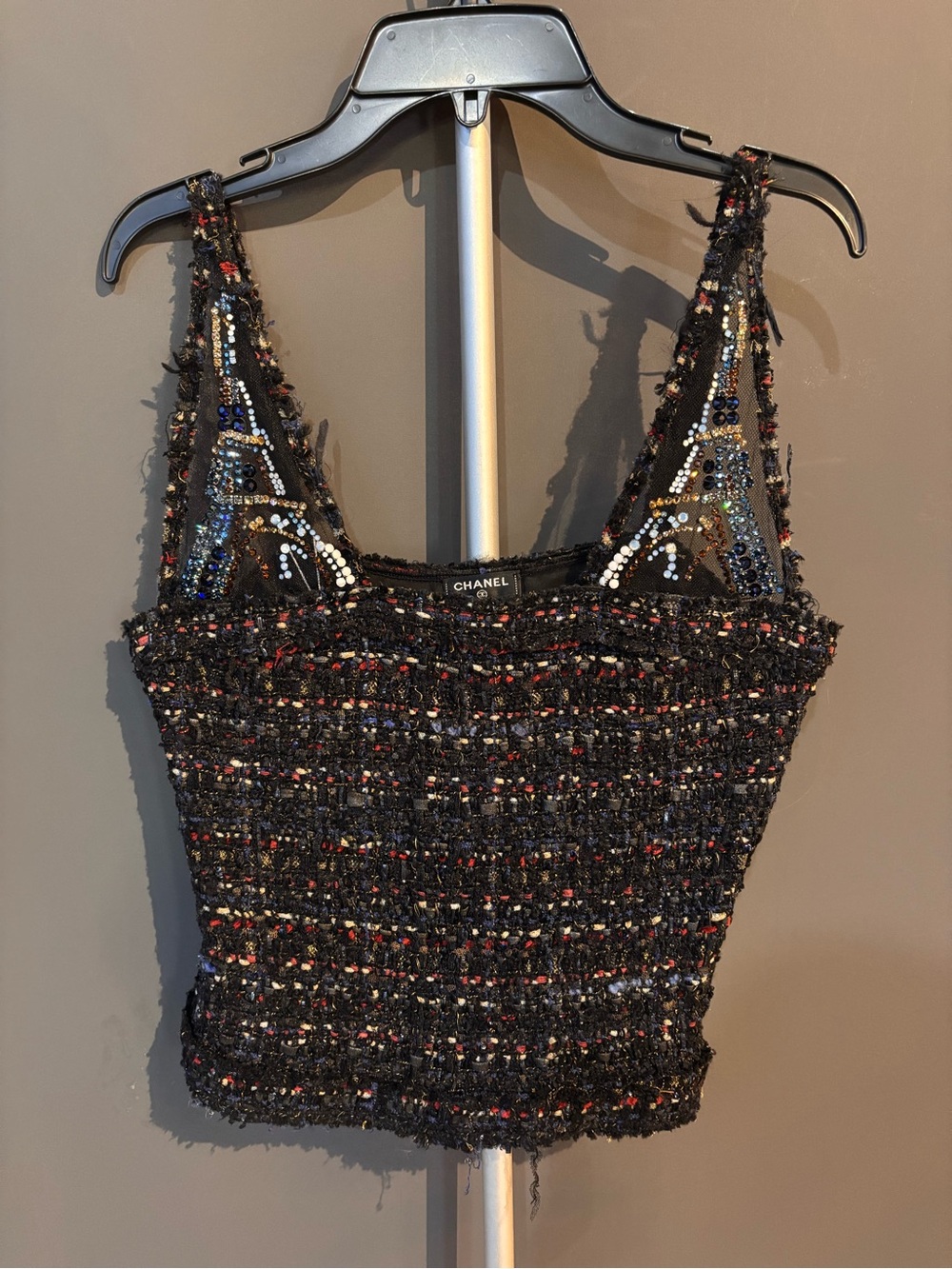 CHANEL Black Tweed Sequin-Embellished Camisole